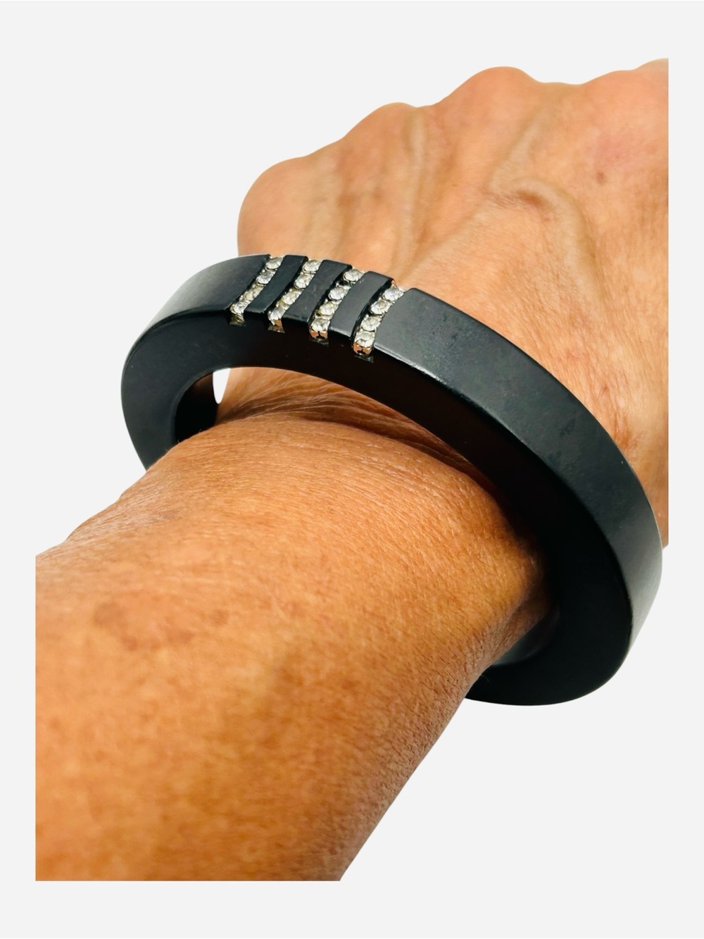 Art Deco Black Bakelite Rhinestone Bangle Bracelet